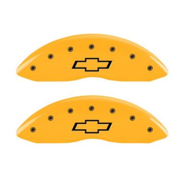Picture of MGP 2 Caliper Covers Engraved Front Bowtie Yellow Finish Blk Char 05 Chevy Silverado 1500