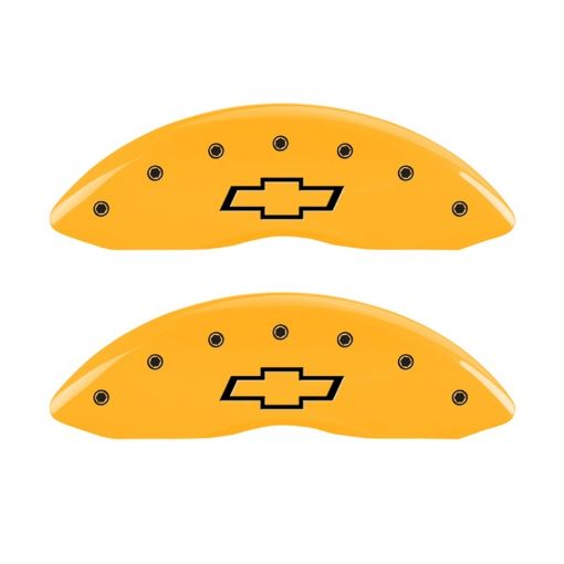 Picture of MGP 2 Caliper Covers Engraved Front Bowtie Yellow Finish Blk Char 05 Chevy Silverado 1500