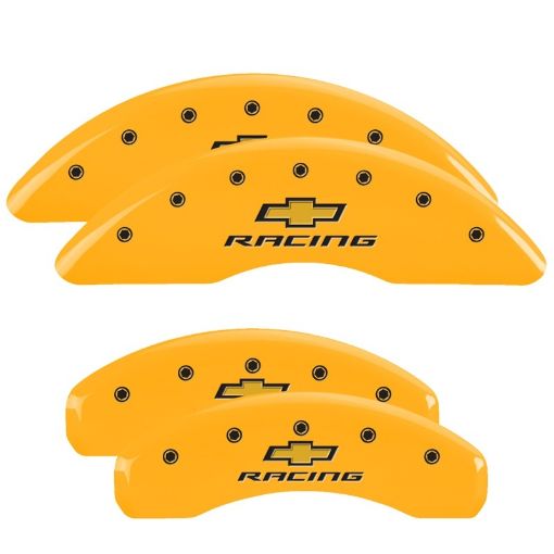 Picture of MGP 4 Caliper Covers Engraved F R Chevy Racing Yellow Finish Black Char 2016 Chevrolet Camaro