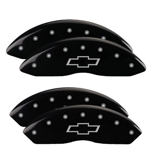 Picture of MGP 4 Caliper Covers Engraved F R Bowtie Black Finish Silver Char 2014 Chevrolet Express 2500