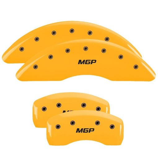 Picture of MGP 4 Caliper Covers Engraved Front Rear MGP Yellow Finish Black Char 2018 Chevrolet Traverse