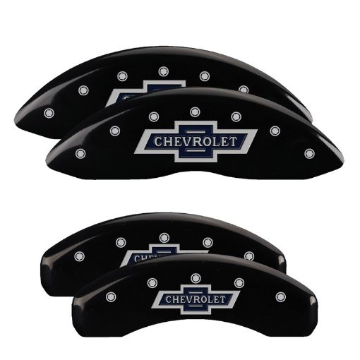 Picture of MGP 4 Caliper Covers Engraved F R 100th Anniv Black Finish Silver Char 2019 Chevy Silverado 1500