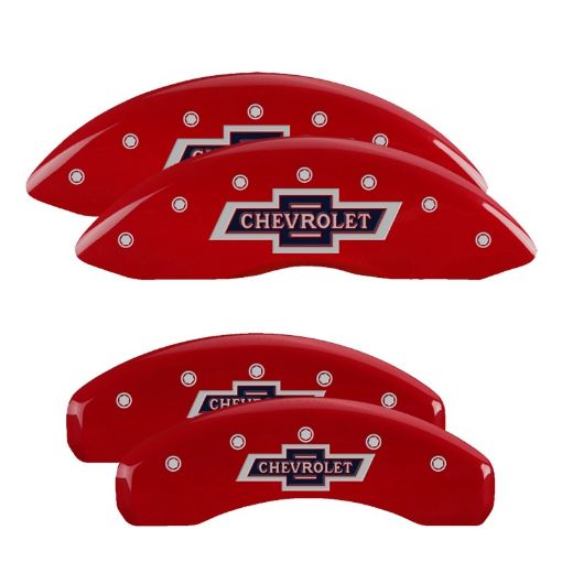 Picture of MGP 4 Caliper Covers Engraved F R 100 Anniversary Red Finish Silver Char 2019 Chevy Silverado 1500