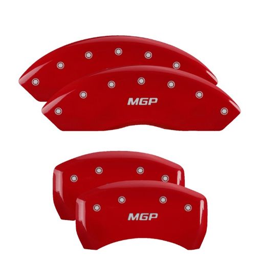 Picture of MGP 4 Caliper Covers Engraved Front Rear MGP Red Finish Silver Char 2015 Toyota Tundra