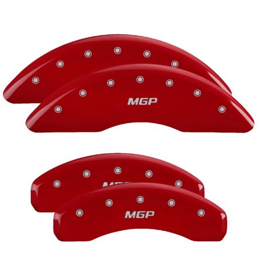 Picture of MGP 4 Caliper Covers Engraved Front Rear MGP Red Finish Silver Char 2018 Nissan Titan XD