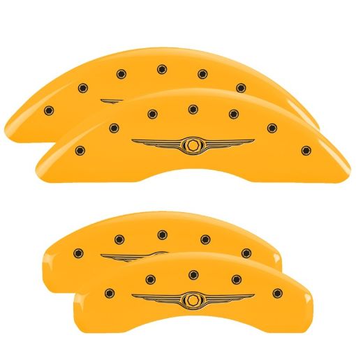 Picture of MGP 4 Caliper Covers Engraved F R Chrysler Wing Yellow Finish Black Char 2004 Chrysler Pacifica
