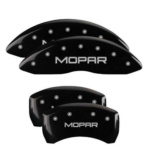 Picture of MGP 4 Caliper Covers Engraved Front Rear Mopar Black Finish Silver Char 2017 Chrysler Pacifica