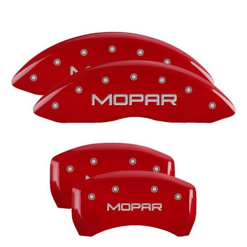 Picture of MGP 4 Caliper Covers Engraved Front Rear Mopar Red Finish Silver Char 2018 Chrysler Pacifica