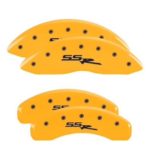 Picture of MGP 4 Caliper Covers Engraved Front Rear Ssr Yellow Finish Black Char 2003 GMC Sierra 1500