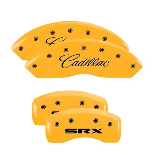 Picture of MGP 4 Caliper Covers Engraved Front Cadillac Rear SRX Yellow Finish Black Char 2006 Cadillac SRX