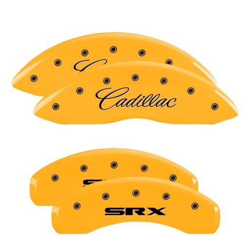 Picture of MGP 4 Caliper Covers Engraved Front Cadillac Rear SRX Yellow Finish Black Char 2010 Cadillac SRX