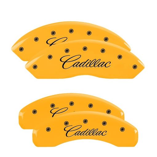 Picture of MGP 4 Caliper Covers Engraved F R CursiveCadillac Yellow Finish Black Char 2007 Cadillac DTS