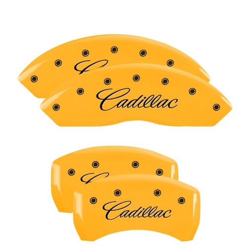 Picture of MGP 4 Caliper Covers Engraved F R CursiveCadillac Yellow Finish Black Char 2017 Cadillac XT5