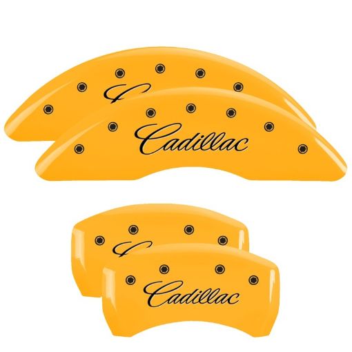 Picture of MGP 4 Caliper Covers Engraved F R CursiveCadillac Yellow Finish Black Char 2017 Cadillac CT6