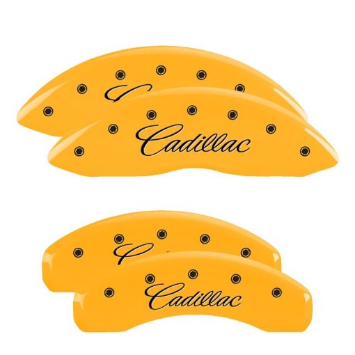 Picture of MGP 4 Caliper Covers Engraved F R CursiveCadillac Yellow Finish Black Char 2014 Cadillac CTS