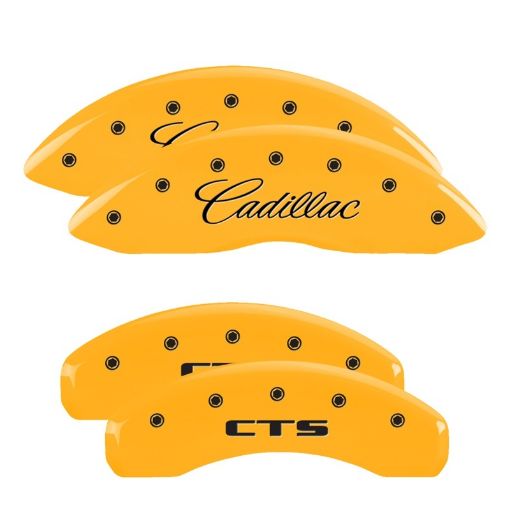 Picture of MGP 4 Caliper Covers Engraved Front Cadillac Rear CTS Yellow Finish Black Char 2014 Cadillac CTS
