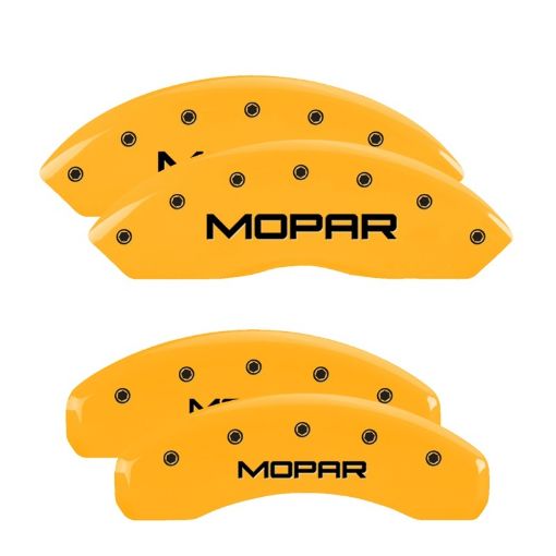 Picture of MGP 4 Caliper Covers Engraved Front Rear Mopar Yellow Finish Black Char 2004 Jeep Wrangler
