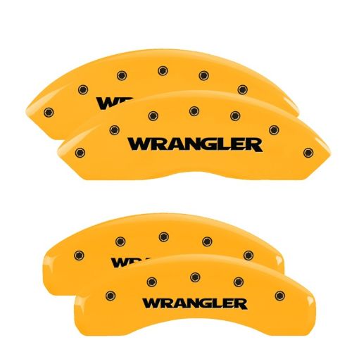 Picture of MGP 4 Caliper Covers Engraved Front Rear Wrangler Yellow Finish Black Char 2003 Jeep Wrangler