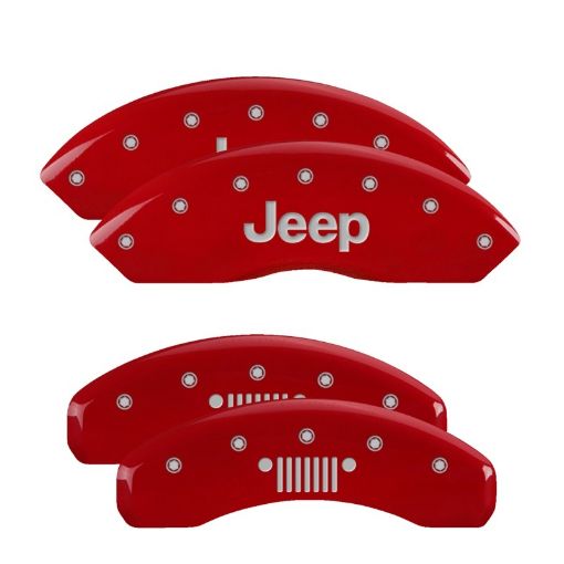 Picture of MGP 4 Caliper Covers Engraved Front Jeep Rear Grill Logo Red Finish Silver Char 2018 Jeep Wrangler