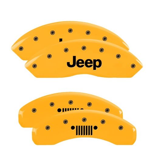 Picture of MGP 4 Caliper Covers Engraved Front Jeep Rear Grill Logo Yellow Finish Black Char 2018 Jeep Wrangler