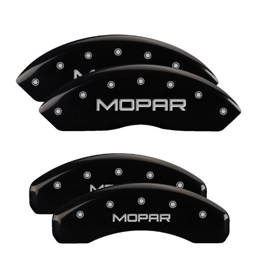 Picture of MGP 4 Caliper Covers Engraved Front Rear Mopar Black Finish Silver Char 2018 Jeep Wrangler