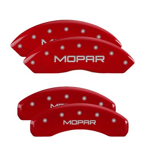 Picture of MGP 4 Caliper Covers Engraved Front Rear Mopar Red Finish Silver Char 2019 Jeep Wrangler