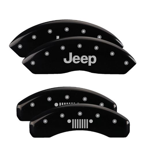 Picture of MGP 4 Caliper Covers Engraved Front Jeep Rear Grill Logo Black Finish Silver Char 2018 Jeep Wrangler