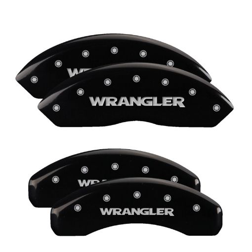 Picture of MGP 4 Caliper Covers Engraved Front Rear Wrangler Black Finish Silver Char 2018 Jeep Wrangler