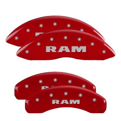 Picture of MGP 4 Caliper Covers Engraved Front Rear Ram Red Finish Silver Char 2019 Ram 1500