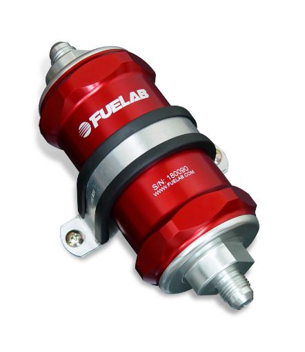 Picture of Fuelab 818 In - Line Fuel Filter Standard - 8AN InOut 40 Micron Stainless - Red