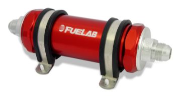 Picture of Fuelab 828 In - Line Fuel Filter Long - 12AN InOut 100 Micron Stainless - Red