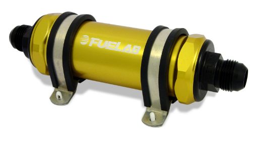 Picture of Fuelab 828 In - Line Fuel Filter Long - 12AN InOut 6 Micron Fiberglass - Gold