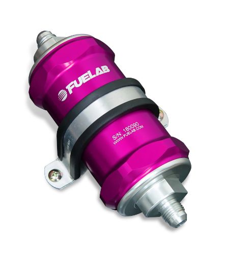 Picture of Fuelab 848 In - Line Fuel Filter Standard - 8AN InOut 40 Micron Stainless wCheck Valve - Purple
