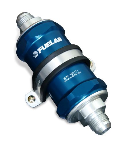 Picture of Fuelab 848 In - Line Fuel Filter Standard - 6AN InOut 6 Micron Fiberglass wCheck Valve - Blue