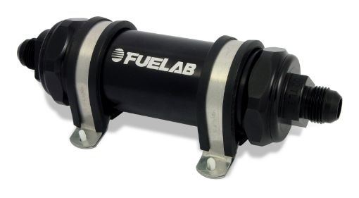 Picture of Fuelab 858 In - Line Fuel Filter Long - 10AN InOut 40 Micron Stainless wCheck Valve - Black