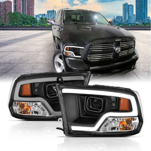 Picture of ANZO 09 - 18 Dodge Ram 1500 Plank Style Projector Headlights Black w Halo