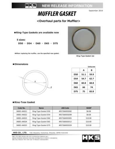 Picture of HKS Muffler Gasket 60.8mm ID 68.8mm OD