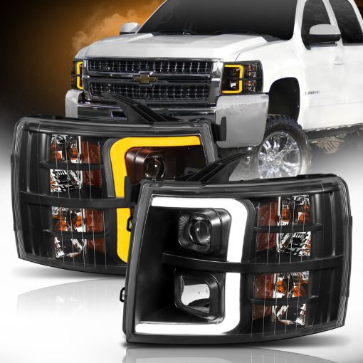 Picture of ANZO 07 - 13 Chevrolet Silverado 1500 Plank Style Projector Headlights Black w Amber