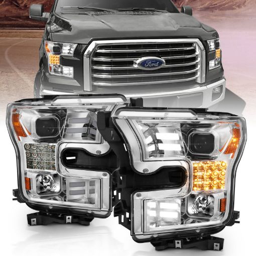 Picture of ANZO 15 - 17 Ford F - 150 Proj Headlights w Plank Style Design Chrome w Amber Sequential Turn Signal