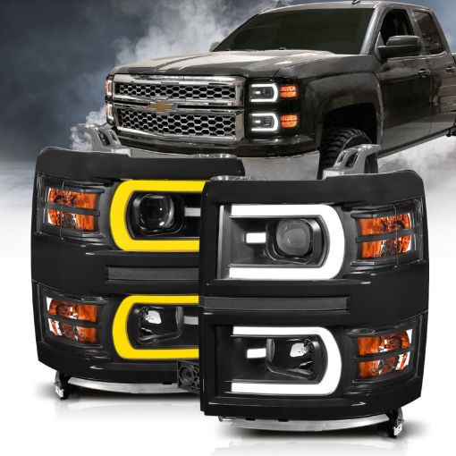 Picture of ANZO 14 - 15 Chevrolet Silverado 1500 Projector Headlights w Plank Style Switchback Black w Amber