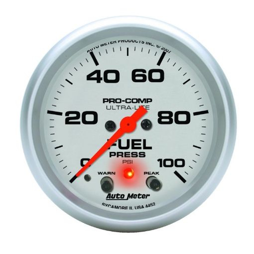 Picture of Autometer Ultra - Lite 2 - 58in Full Sweep Elec 0 - 100 PSI Fuel Pressure w Peak Memory Warning Gauge