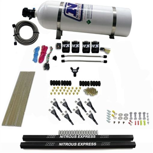 Picture of Nitrous Express Pro - ShkGas 4 Solenoids Nitrous Kit (200 - 600HP) wRails and 15lb Bottle