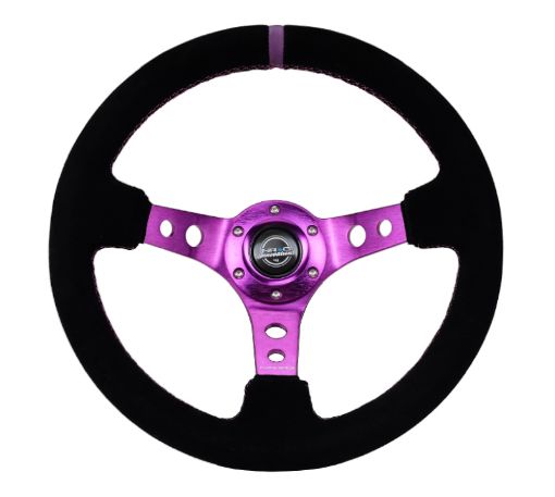Picture of NRG Reinforced Steering Wheel (350mm 3in. Deep) Black Suede wPurple Center Purple Stitching