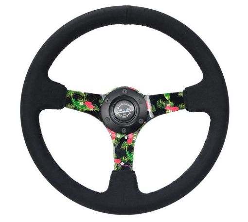 Picture of NRG Reinforced Steering Wheel (350mm 3in. Deep) Black Suede w 5mm Floral 3 - Spoke Center
