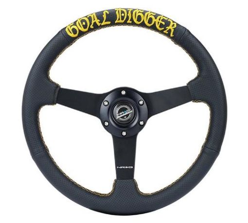 Picture of NRG Sport Steering Wheel (350mm 1.5in Deep) Black LeatherGold Stitch wMatte Black Solid Spokes