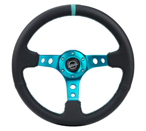 Picture of NRG Reinforce Steering Wheel (350mm 3in. Deep) Blk Leather, Teal Center Mark w Teal Stitching