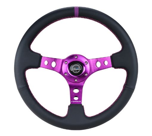 Picture of NRG Reinforced Steering Wheel (350mm 3in. Deep) Black Leather wPurple Center Purple Stitching