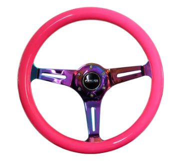 Picture of NRG Classic Wood Grain Steering Wheel (350mm) Neon Pink Painted Grip wNeochrome 3 - Spoke Center