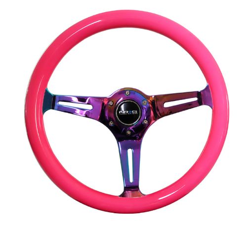 Picture of NRG Classic Wood Grain Steering Wheel (350mm) Neon Pink Painted Grip wNeochrome 3 - Spoke Center