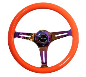 Picture of NRG Classic Wood Grain Steering Wheel (350mm) Neon Orange Color wNeochrome Spokes